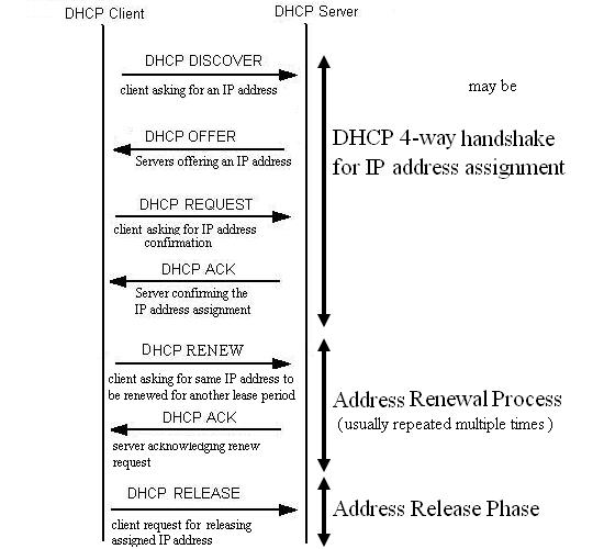 DHCP protocol message exchanges for IP address assignment, renewal and release